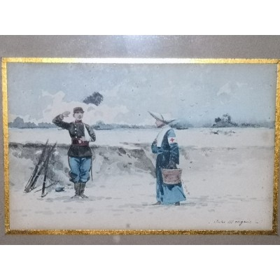 Aquarelle par jules Monge fin XIXème début XXème siècle Scène militaire